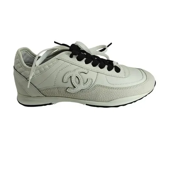 ChanelCalfskin Suede CC Womens Sneakers 38 White Black